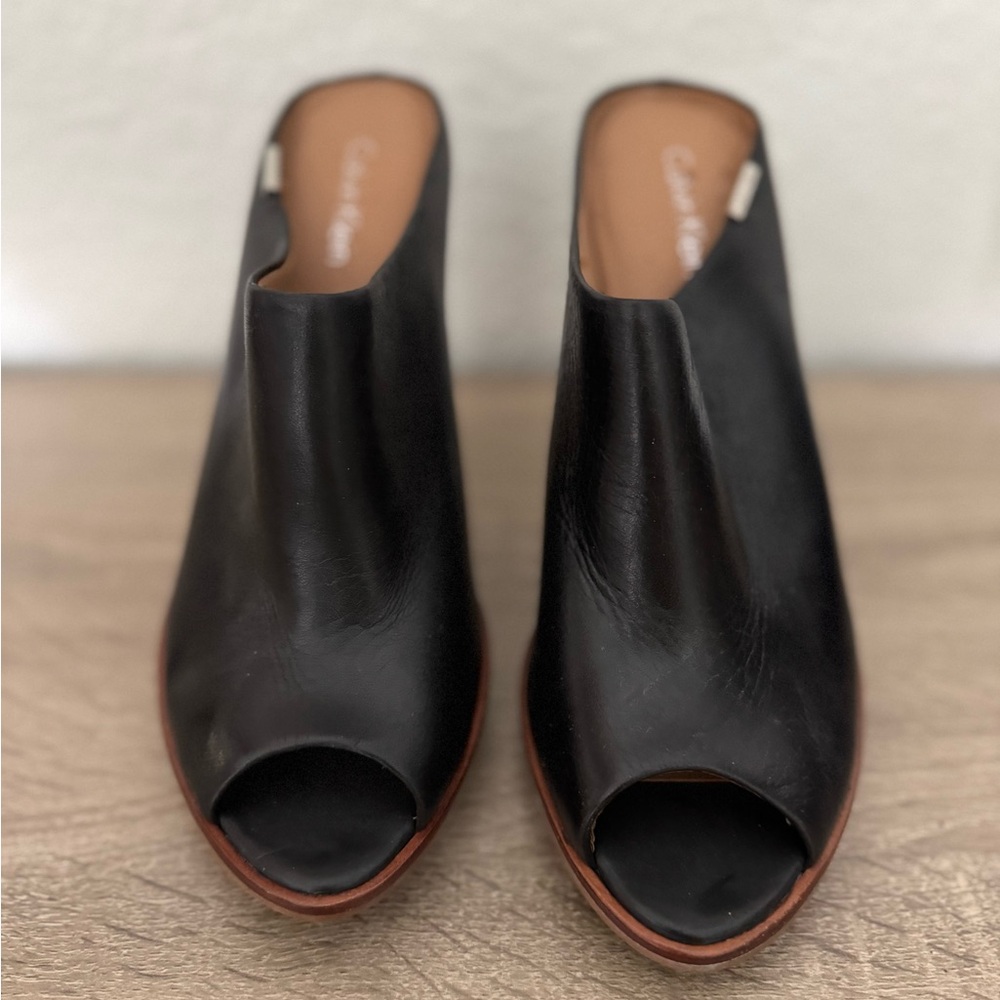 Calvin Klein Black Leather Peep-Toe Mules
